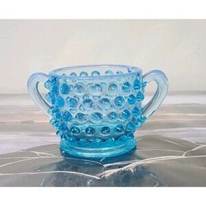 Fenton Blue‎ Opalescent Hobnail Sugar Bowl Container 3-3/4" long & 2" high